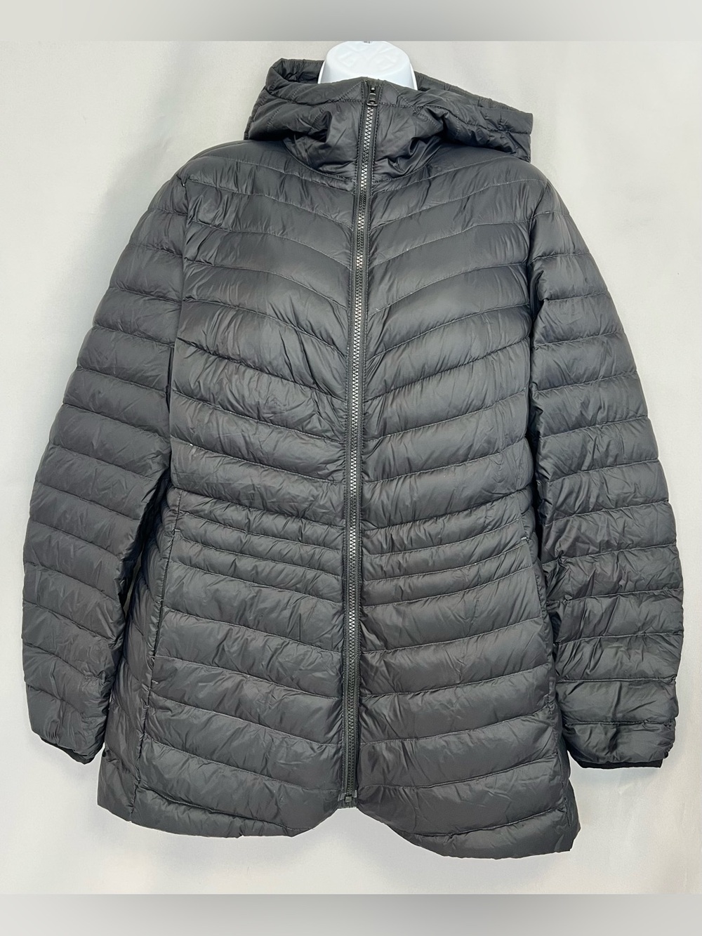 Lands End Jacket Women Sz Large Black Wanderweight Packable Down Hooded Puffer